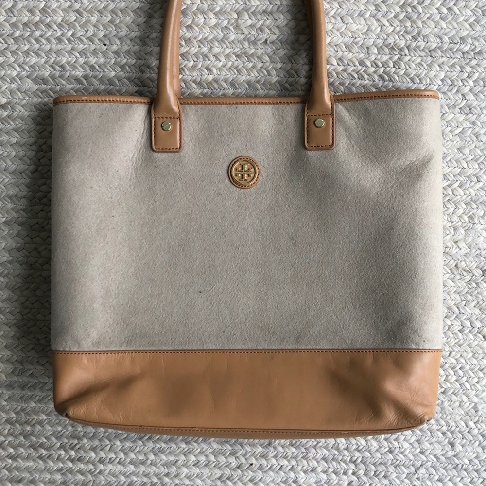 Tory Burch Felt Tote Bag Tan and Cream